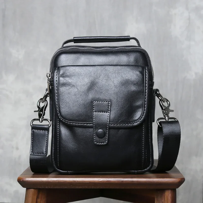 Genuine Leather Men's Crossbody Bag - Top-Grain Cowhide Small Square Shoulder Bag, Casual Vertical Phone Pouch Sling Pack