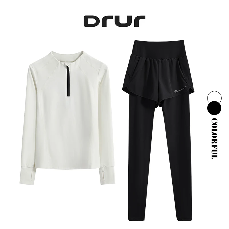 DRUR Yoga Set Women Gym Clothes Casual Soild Color Long Sleeve Sports Shirt Leggings Set Female Workout Suit Sportswear 2025 New