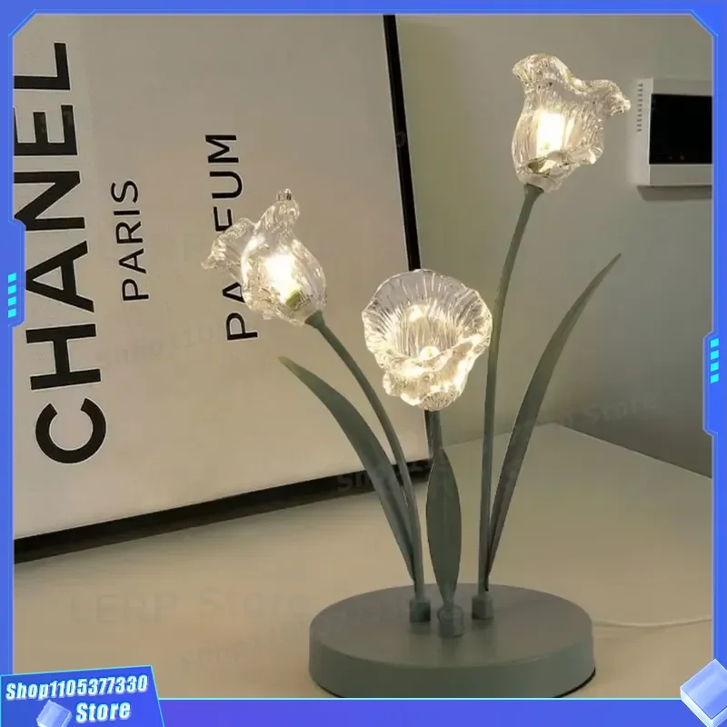 Modern Tulip Wrought Iron LED Desk Lamp Crystal Shade AC Power Bedside Night Light for Bedroom Study Home Decoration Table