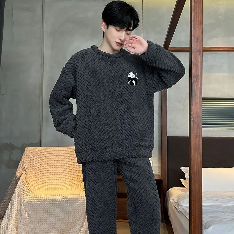 Men's  Pajamas Set 2 Piece Set Sleepwear Winter Thick Loose Pyjamas Cartoon Nightgown Soft Warm Man O Neck Sleepwear Homewear