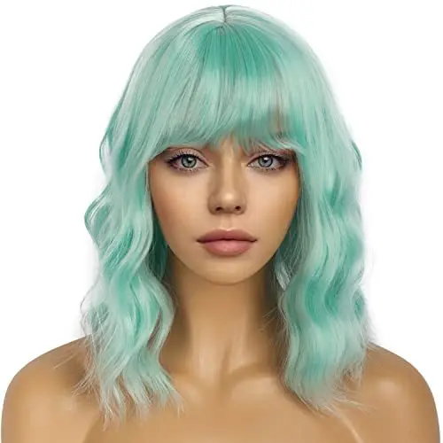 Women Green Blue Short Bob Synthetic Wigs with Bangs Body Wave Cosplay Lolita Wig Natural Heat Resistant Hair Party Role Play