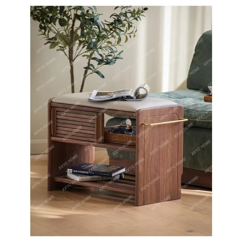 HMJNorth   black walnut home shoe change stool solid wood shoe rack integrated door can sit wear shoe cabinet bench