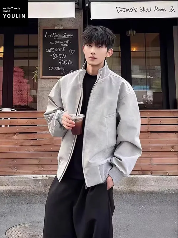 

Men's Dyed PU Leather Flight Jaet Stand Collar American Retro Cleanfit Outerwear Spring Autumn Faionable High-End Feeling