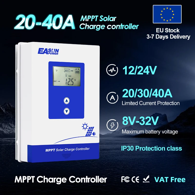 

EASUN MPPT Solar Controller 20A 40A 12V 24V Battery 8V 32V Setting Charger Back-light LCD Solar Regulator US warehouse delivery