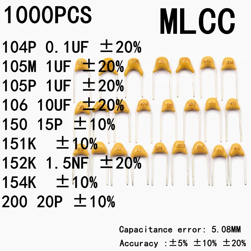

1000PCS Monolithic Ceramic Capacitor ±5% 10% 20% MLCC 104P 0.1UF 105M 1UF 105P 1UF 106 10UF 150 15P 151K 152K 1.5NF 154K 200 20P