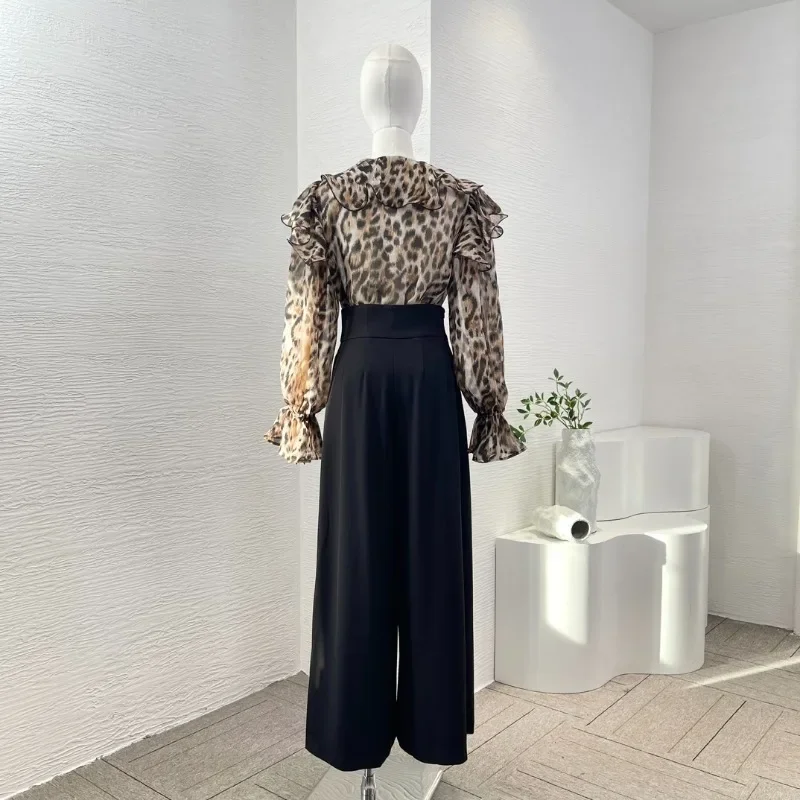 Women's Coffee Color Ruffles Leopard Print Long Sleeve V Neck Blouse Tops and Black Wide Leg Pants Set for 2024 High Quality