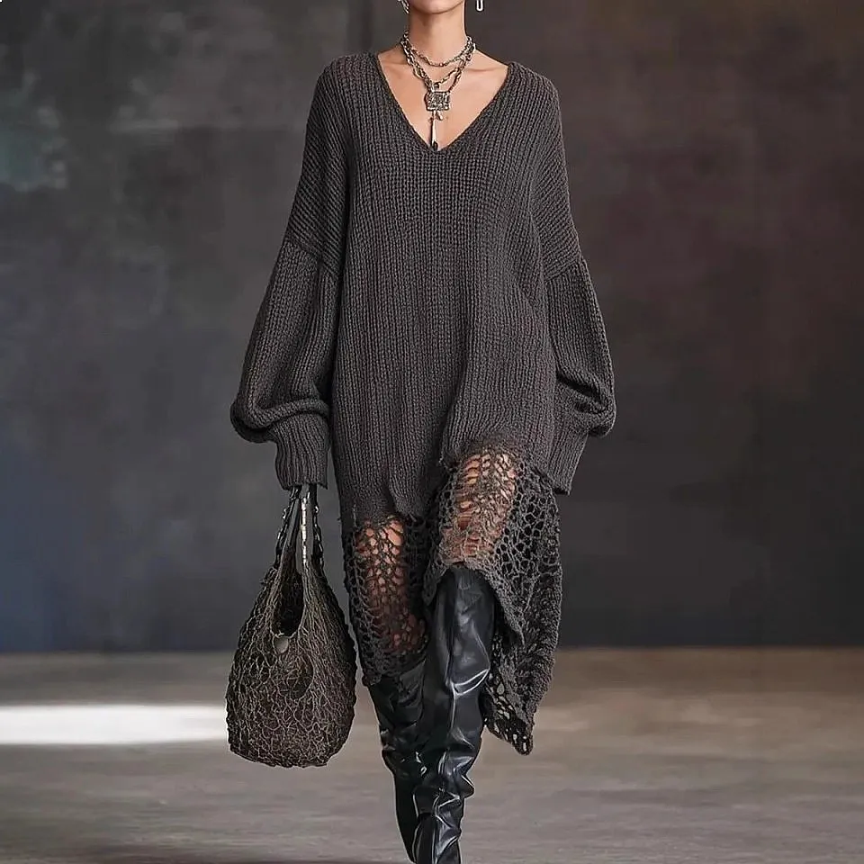 V Neck Knit Dress Irregular Hem Hollow Out Loose Dresses Spring Summer