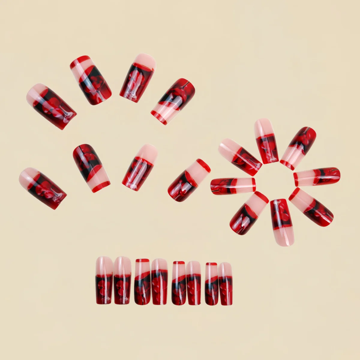 Mittellange künstliche Nägel für Frauen und Mädchen, Farbverlauf, Rotweinglas, bunte Früchte, vollständige Abdeckung, Ballett-Nagelspitzen, zum Aufdrücken falscher Nägel