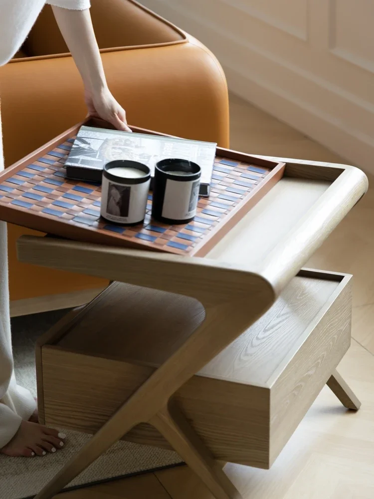 "Removable tray" multi-purpose! French elm solid wood bedside table with drawers