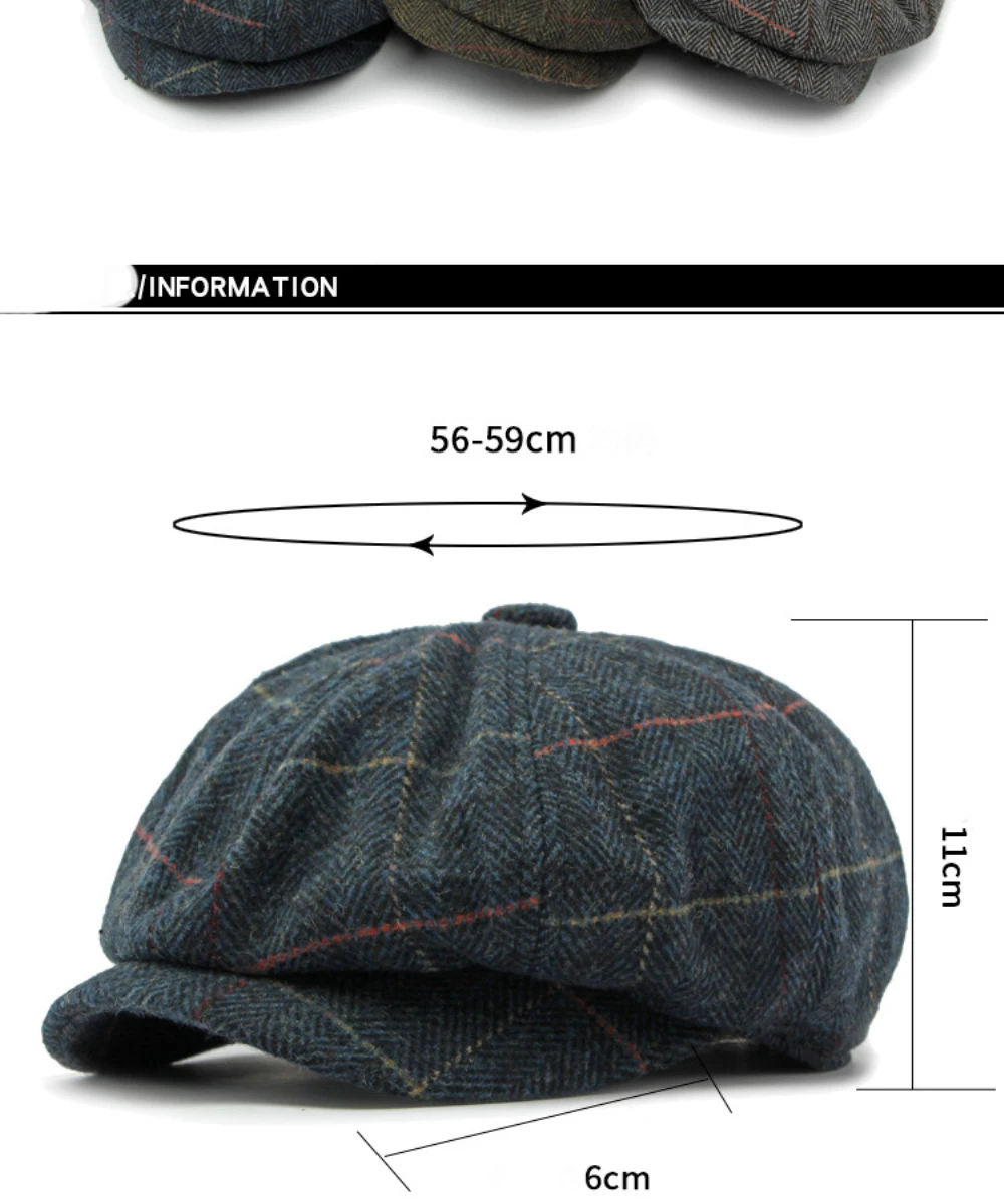 HT4255 Baskenmützen für Männer und Frauen, Retro-Künstler-Malermütze, karierte achteckige Ivy-Flachmütze für Herren und Damen, Herbst-Winter-Wollmütze – Detail 3