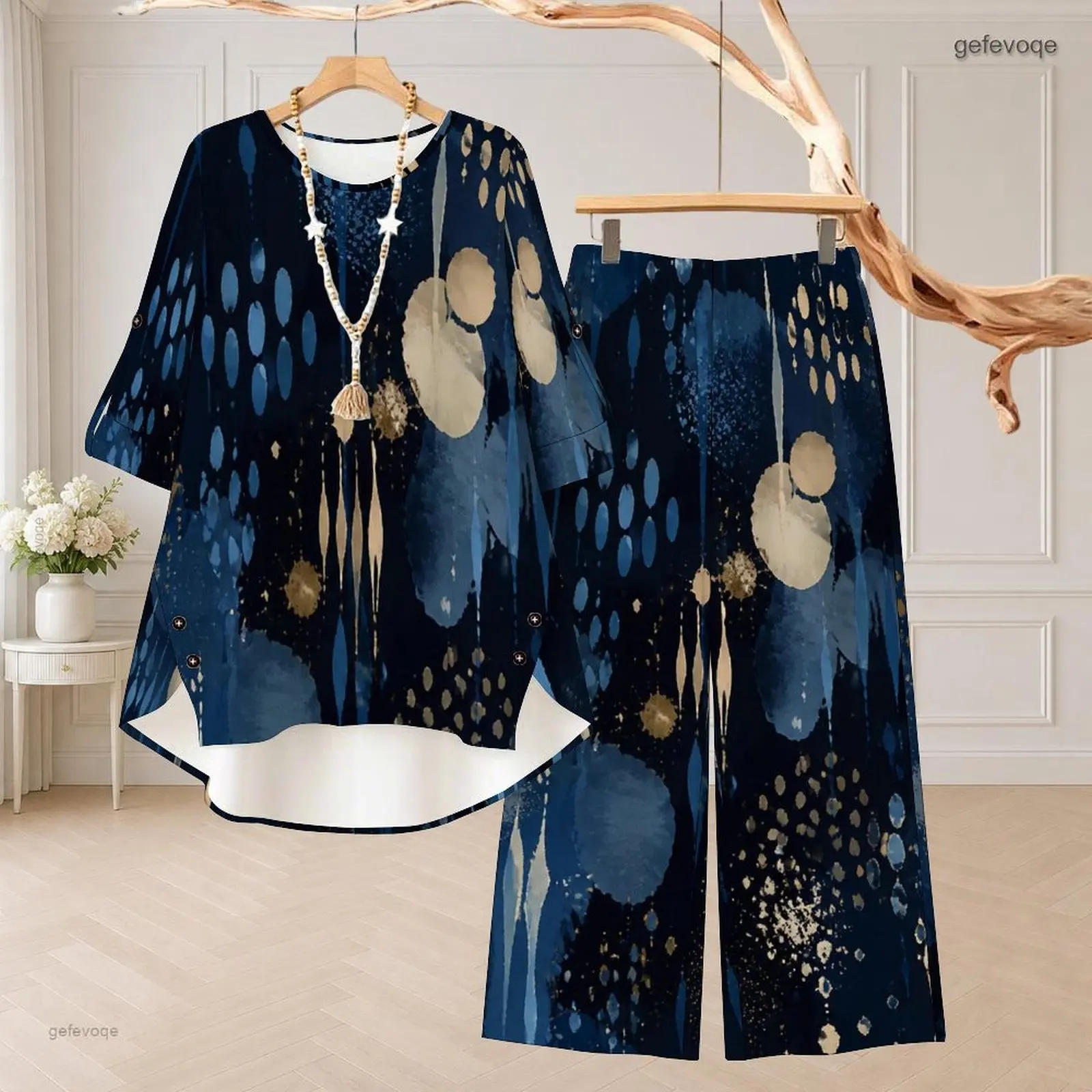 Women Abstract Blue Beige Ink Dot Printed Round Neck 3/4 Sleeve High Low Top Long Pants Two Piece Set