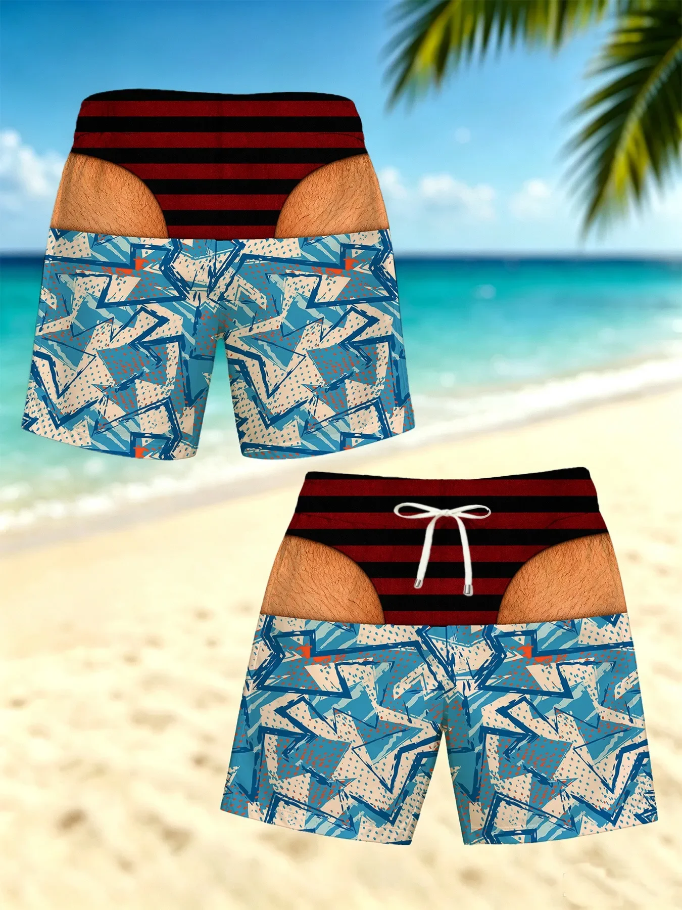 Men Funny Optical Illusion Swim Trunks Gold Fake Thong Boardshorts Pink Purple Floral Print Beach Shorts