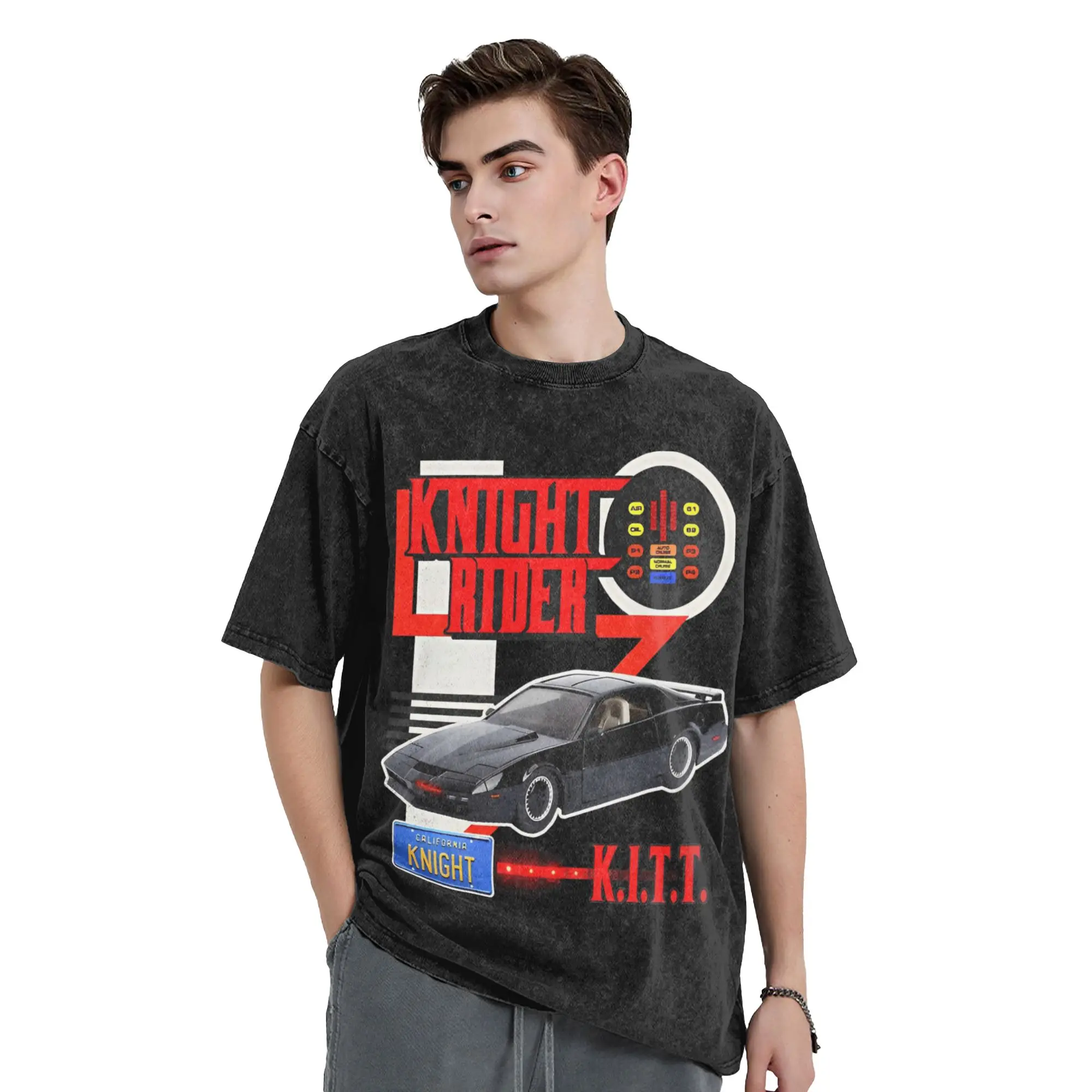 Novelty Knight Rider KITT Car Racing Vintage Washed Tshirts Men's Cotton Short Sleeve  O-neck Summer Tops Shirts - view 2