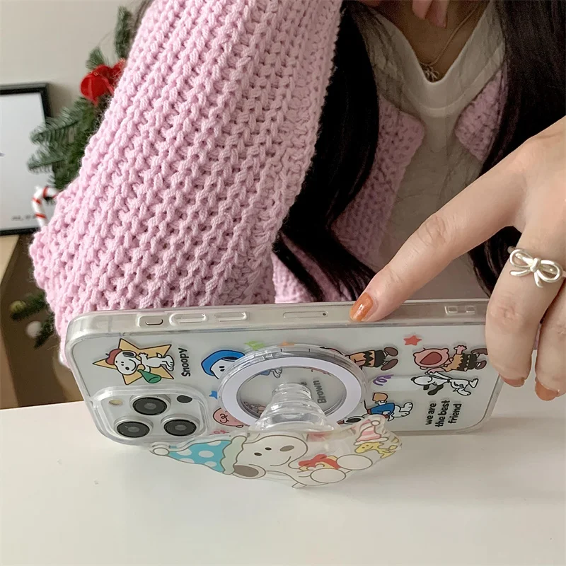 Casing ponsel kartun lucu, casing ponsel Universal dengan pengisi daya nirkabel kartun Snoopy Magsafe untuk iPhone 11 12 13 14 15 16Pro Max