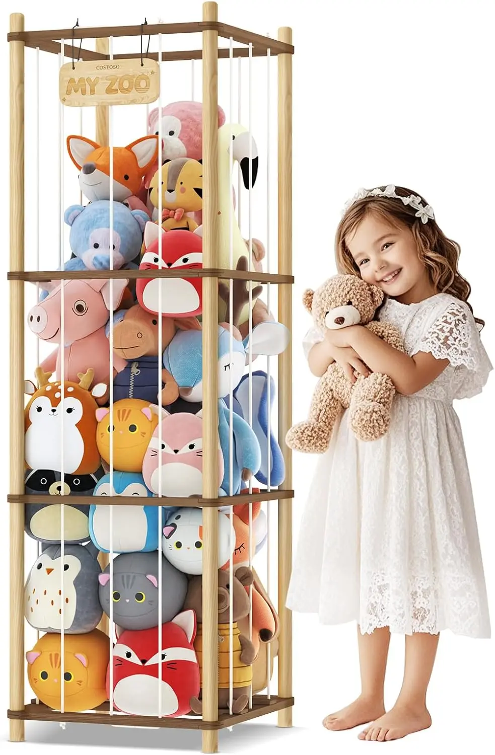 

Two-Tone Wood Toy Organizer, Large Capacity Stuffed Animal Storage for Kids, Space-Saving Playroom Decor