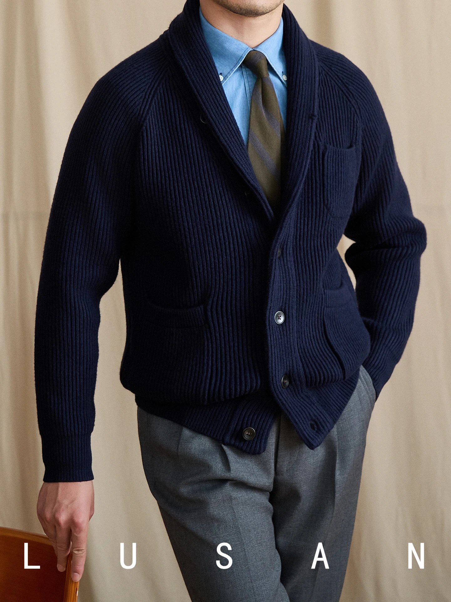 

Men's Versatile Knitted Cardigan, Retro Warm Jacket, British Thick Fruit-Neck Gentleman's Suit, Autumn and Winter
