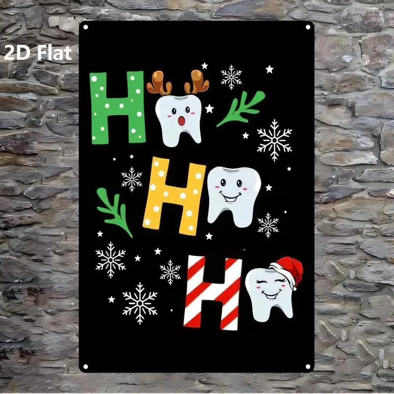 2D Flat Black Christmas Dental Teeth Metal Tin Sign - Fun Teeth (Antlers, Santa Hat), Snowflakes, Holly Design, Iron Wall Art fo