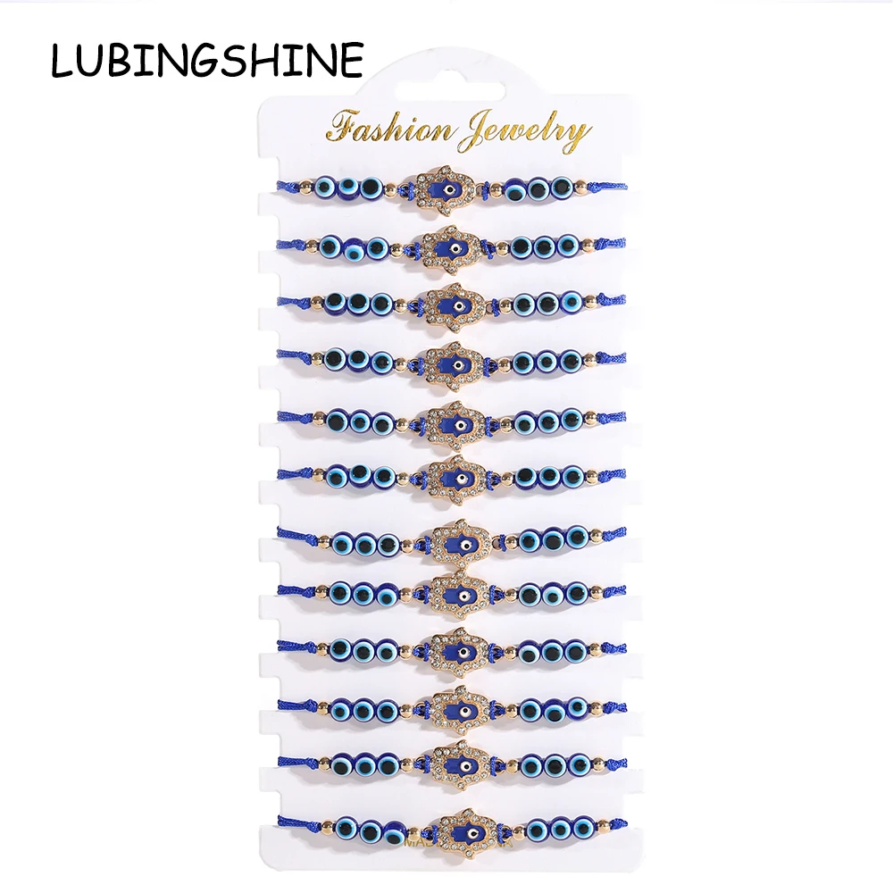 12pcs/lot Blue Turkey Evil Eye Hand of Fatima Charms Bracelet Thousand Eyes Wish Handmade Women's Resins Bead Bangle Jewelry