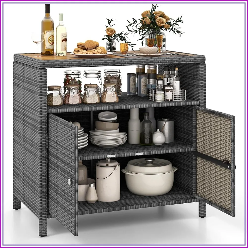 Outdoor Rattan Storage Cabinet Patio Sideboard with Acacia Wood Top, Open Shelf, 2 Doors, Mixed Grey