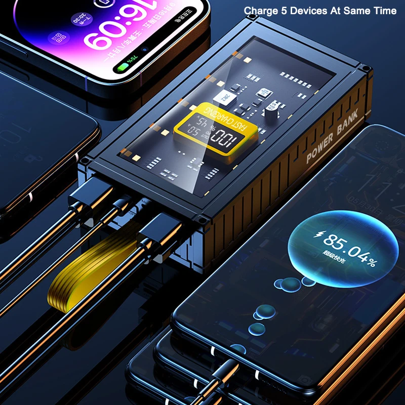 باور بانك شفاف وشحن سريع في اتجاهين مع إضاءة ليد ، من من من ماركة xah ، من نوع PD20W ، مناسب لهاتف آيفون 15 ، 14 ، شاوميو ، وهواوي ، وسامسونج