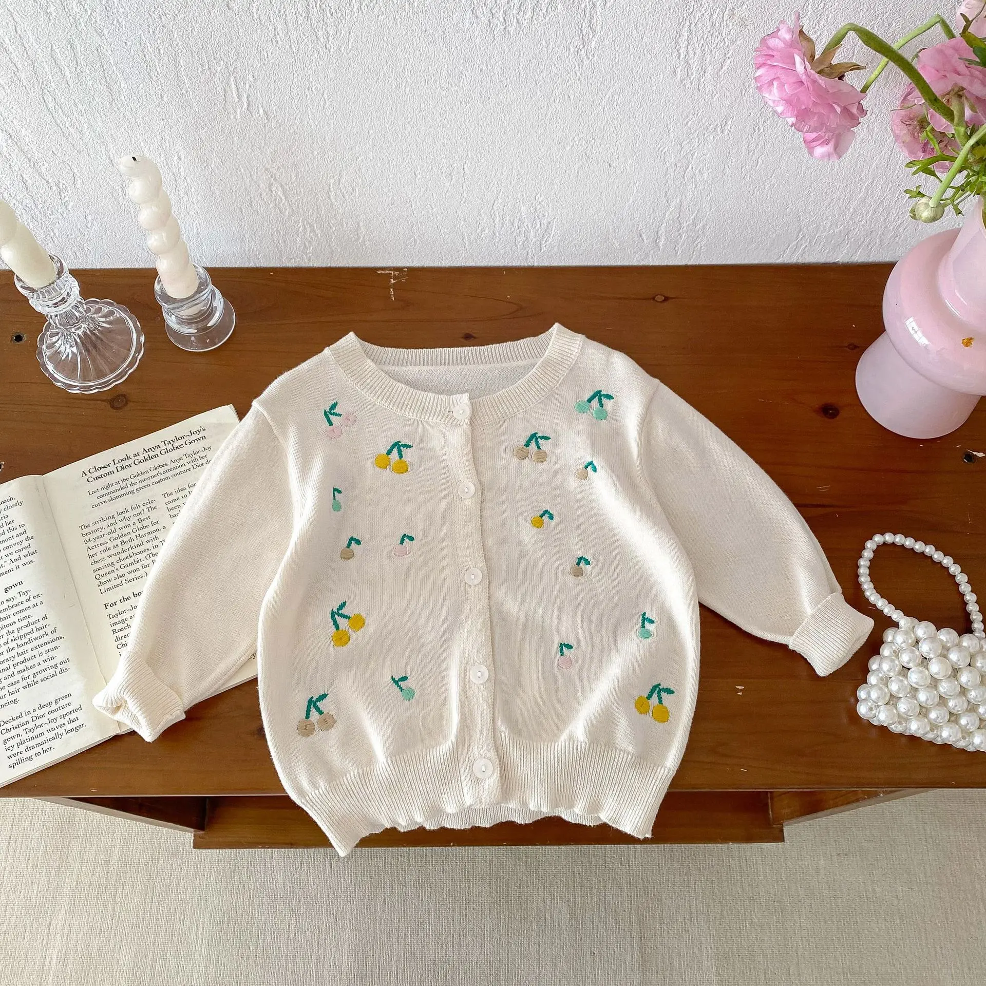 

2024 Summer New Children Long Sleeve Knit Cardigan Cute Cherry Embroidery Girls Knitted Jacket Cotton Baby Thick Coat Clothes
