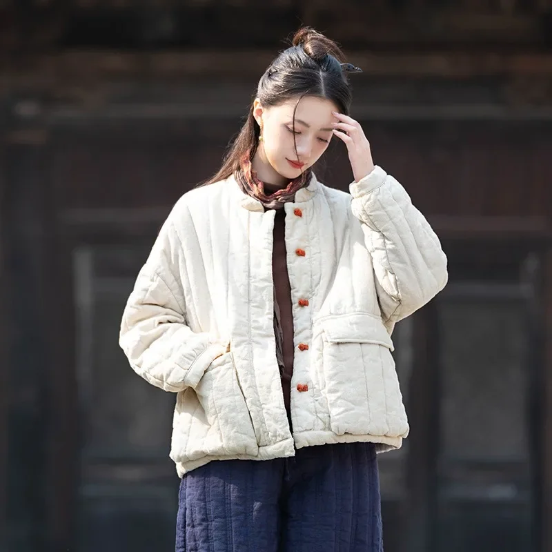 

Cotton and Linen Women Quilted Jacket Winter Retro Stand Collar Color Block Short Styles Big Pockets Single Breasted Casual Coat