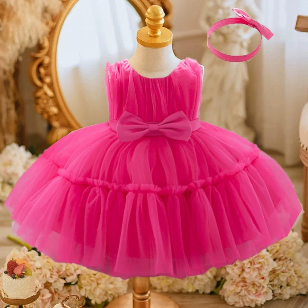 Baby Pleated Girl Princess Dress Outfit Infant White 1st Birthday Baptism Dress Toddler Bow Party Wedding Prom Gown Baby Clothes