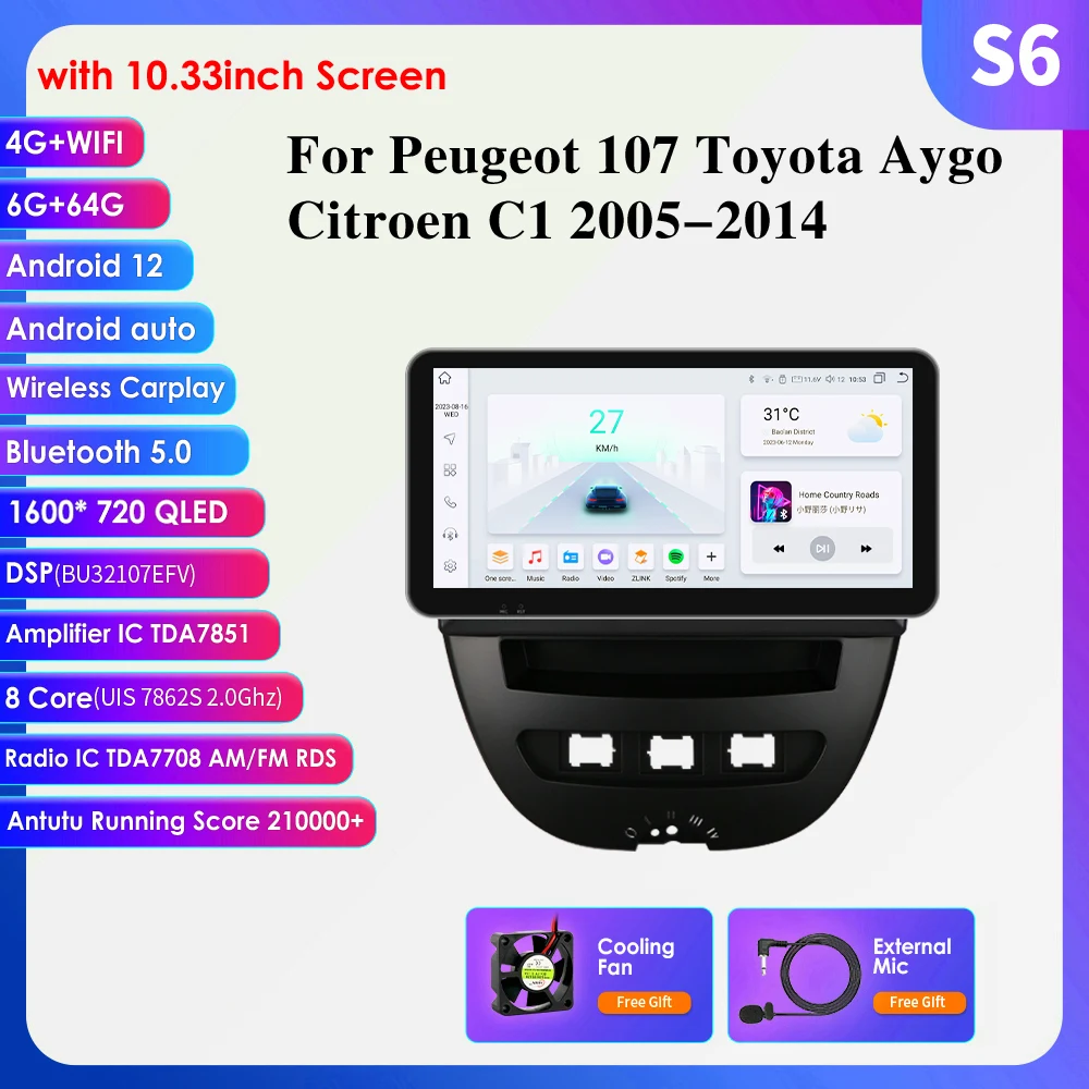 10.1 ''10.33'' 2din Autoradio Android Voor Peugeot 107 2005 - 2014 Citroen C1 Toyota Aygo Multimedia Videospeler Carplay 4G Gps