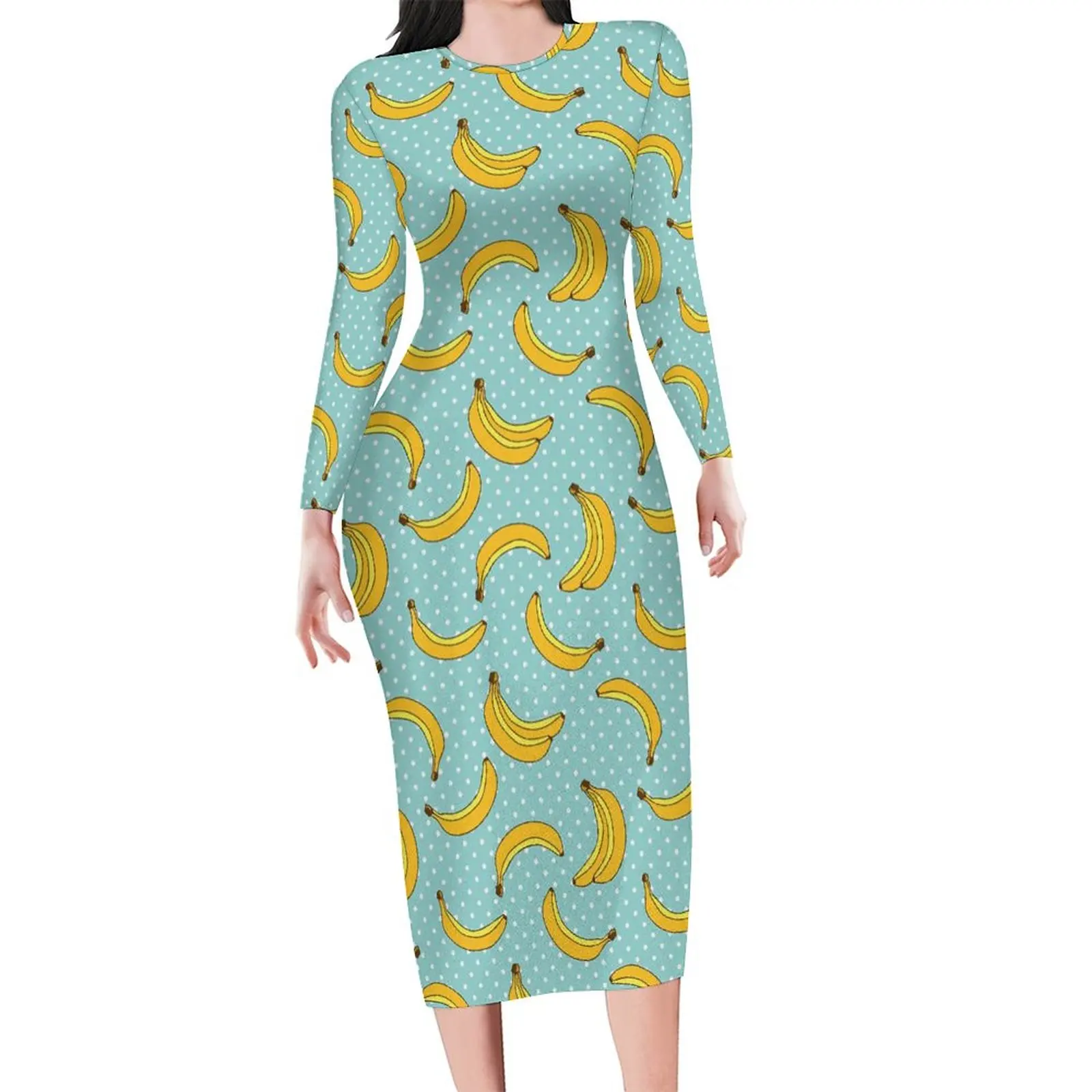 Banana Print Dress Long Sleeve Polk Dots Street Fashion Dresses Holiday Sexy Bodycon Dress Female Graphic Oversized Vestido