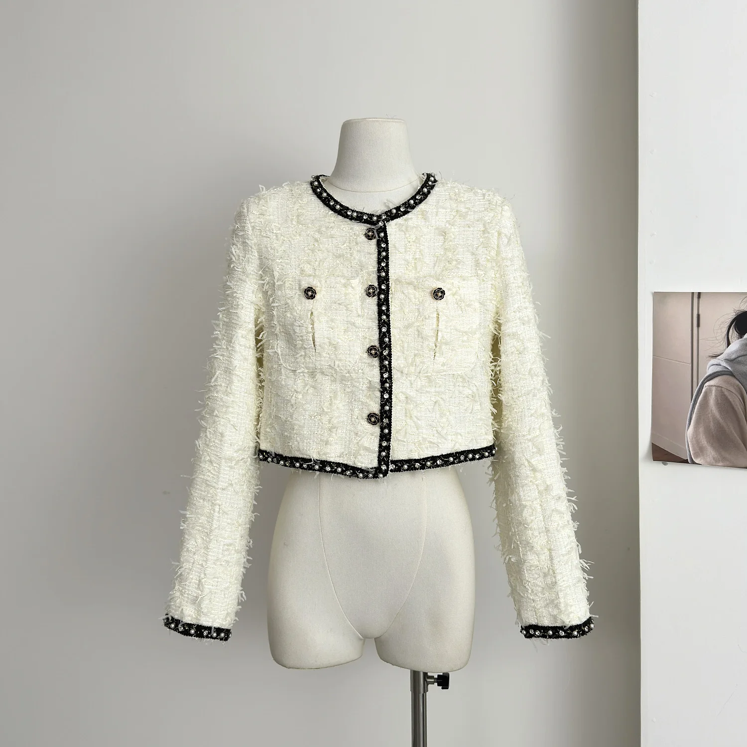 White Hand Woven Coarse Woolen Fragrant Jacket Women 2024 Autumn New Coats