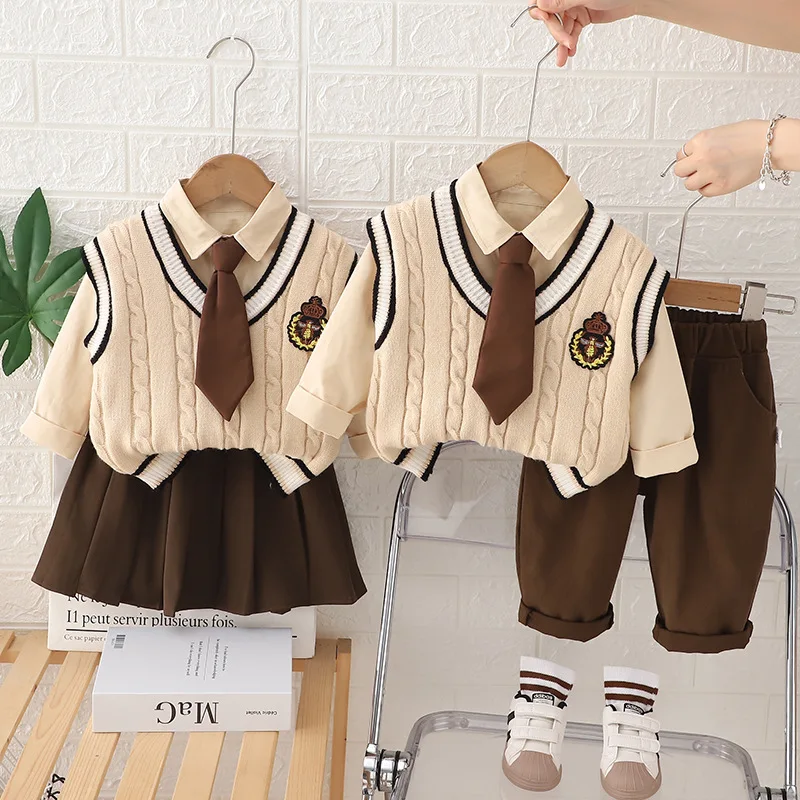 

Girls Suits 2024 New Fashion Fashion Knitted Waistcoat Three-piece Set Preppy Style Simple Casual Clothes Korean Simple Style