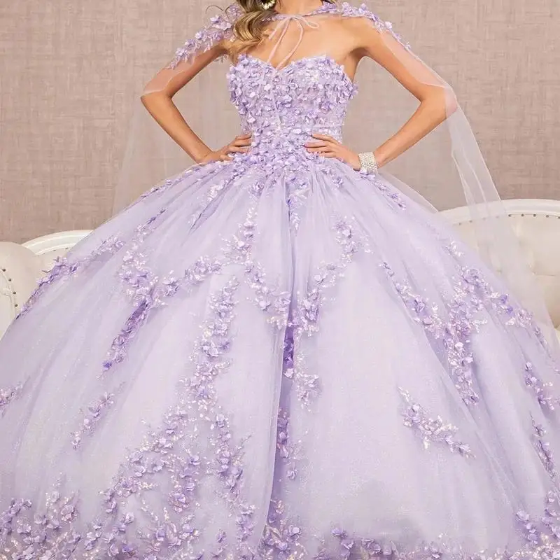 

Lavender Shiny Quinceanera Dresses Ball Gown Off The Shoulder Crystal Applique 3D Flowers With Cape Corset Vestidos Para XV Años