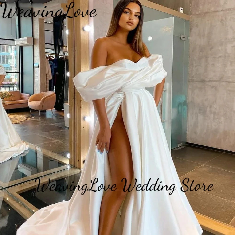 Modern Simple  Drop Shoulder Satin Wedding Dress High Slit  Short Sleeves Women Formal Gowns  Vestido De Novia Casamento 2023