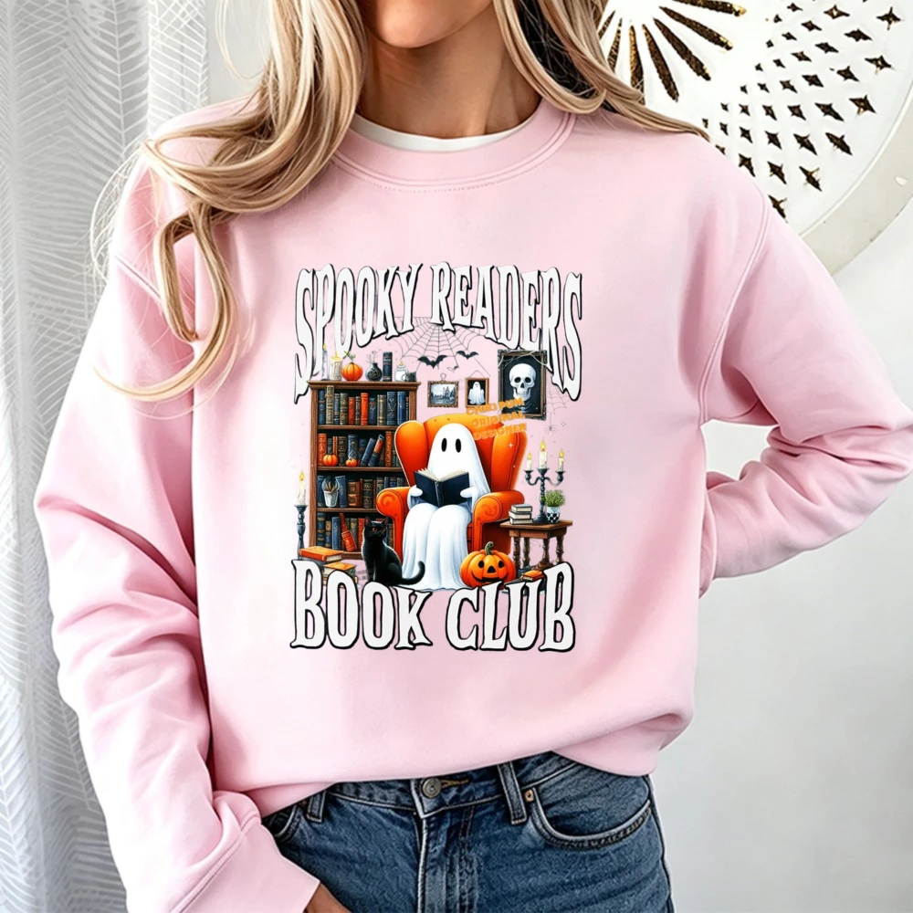 Spooky Readers Book Club Pullovers Ghost Reading Book Sweatshirt Halloween Bookshelf Hoodie Black Cat and Cute Ghost Reading Top