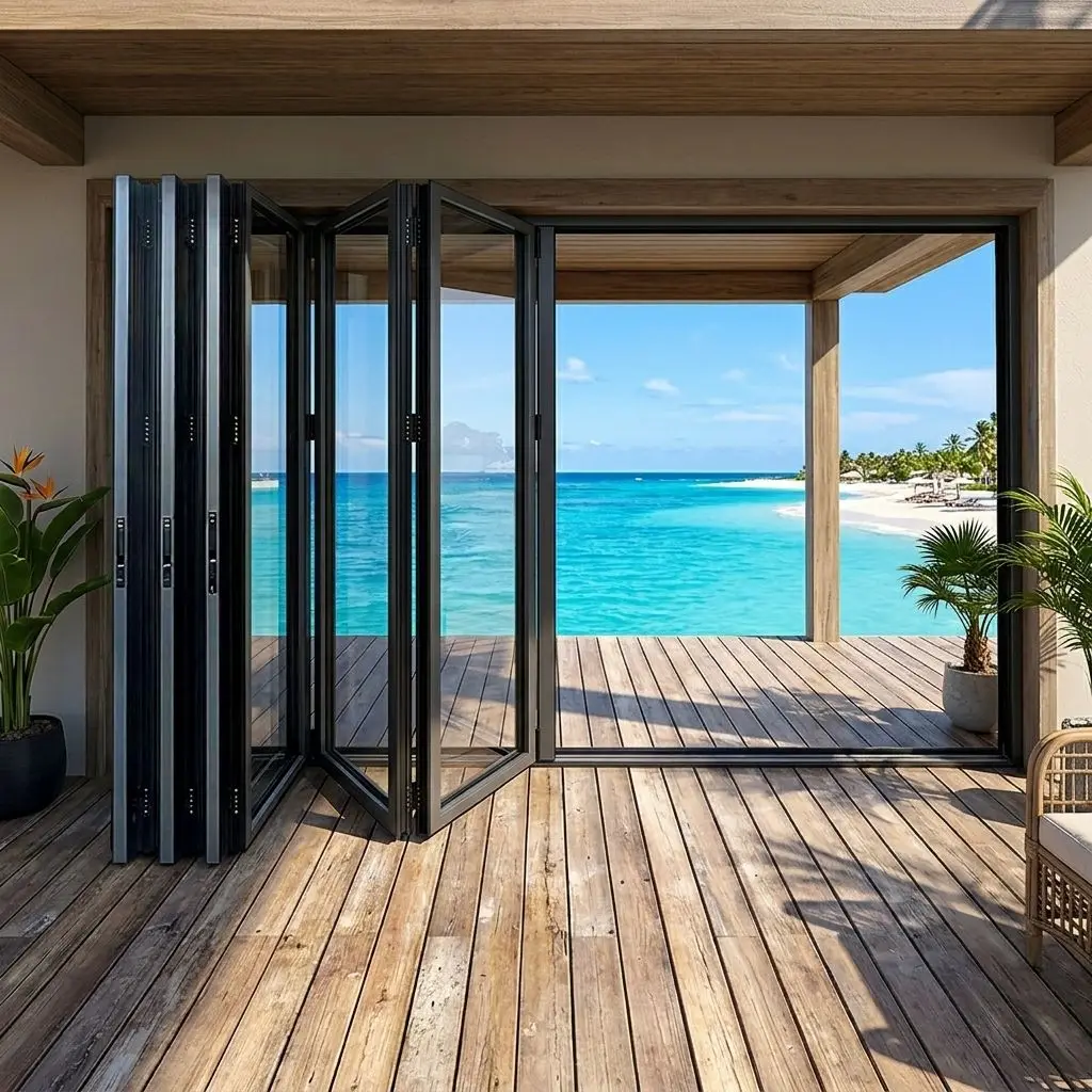 Panoramic Accordion Folding Door Corrosion Resistant Beach Aluminum Glass Folding Doors Summer Shading Finished Fold Able Doors