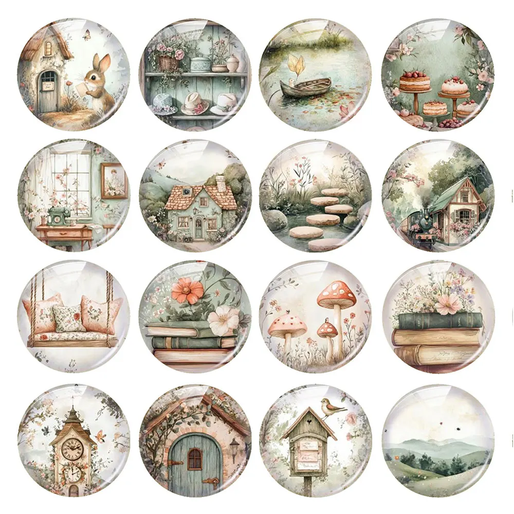 Random Mixed Round/Oval/Square Countryside Cottage Fairy Flower Photo Glass Cabochon Flatback Demo Cameo For Diy Jewelry Making