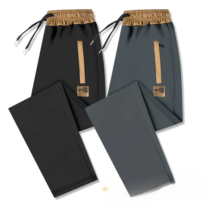 

Мужские спортивные брюки из ледяного шелка, летние, тонкие, повседневные, прямого кроя, больших размеров, модные, черные, серые, белые