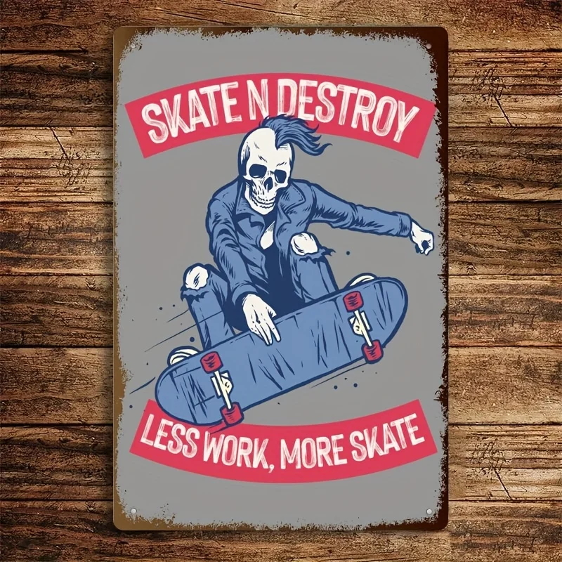 Retro Metal Tinplate Wall Art Plaque - Vintage Skateboard Skeleton Design with 