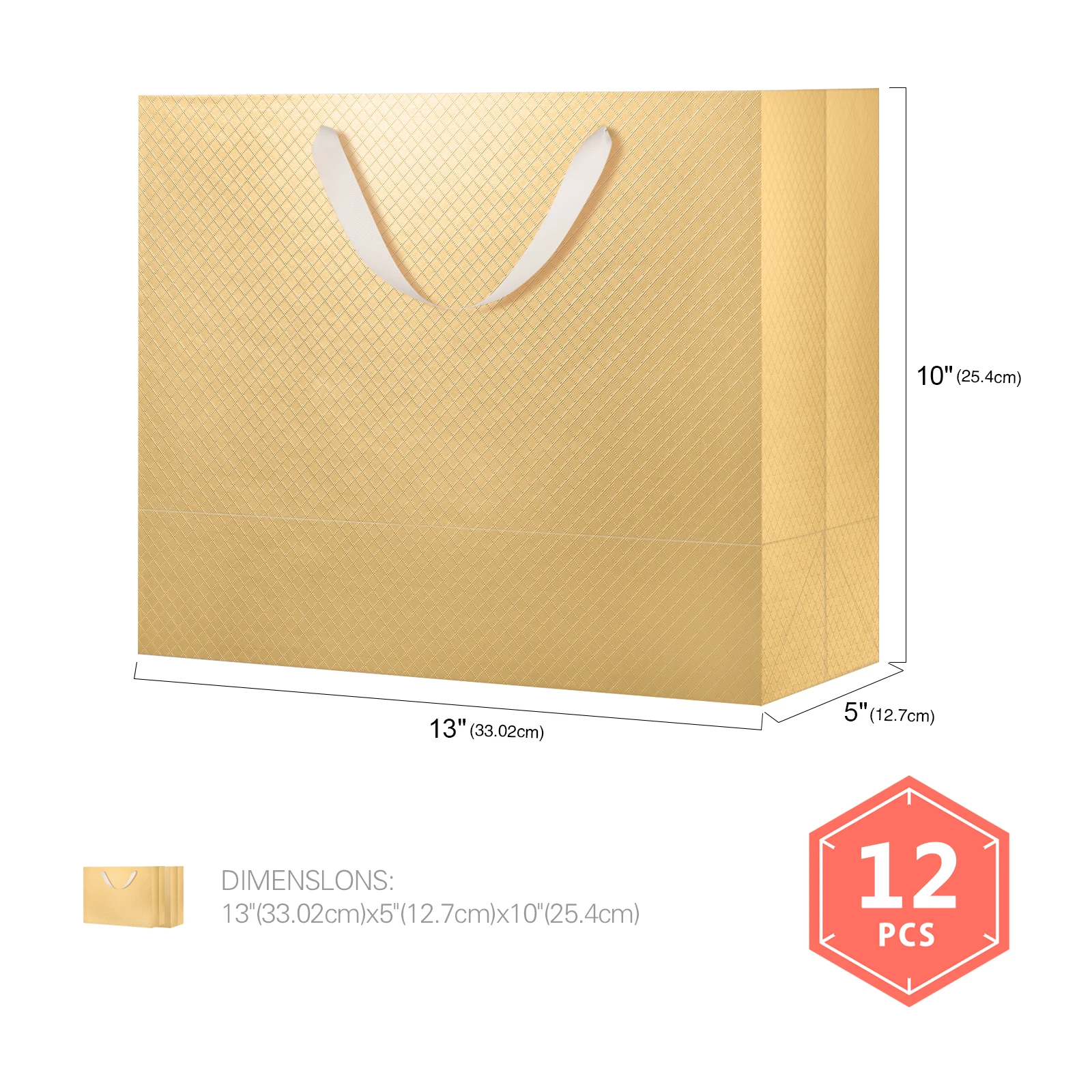 12 Large Gift Bags 13x5x10 Inches Gold Premium Gift Bags with Handles for Gift Giving (Glossy Gold with Lattice Texture)