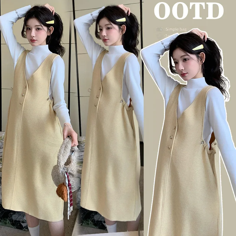 

2025 New Autumn Maternity Dress Yellow Suspender Skirt with White Turtleneck Sweater Set French High End Outfit