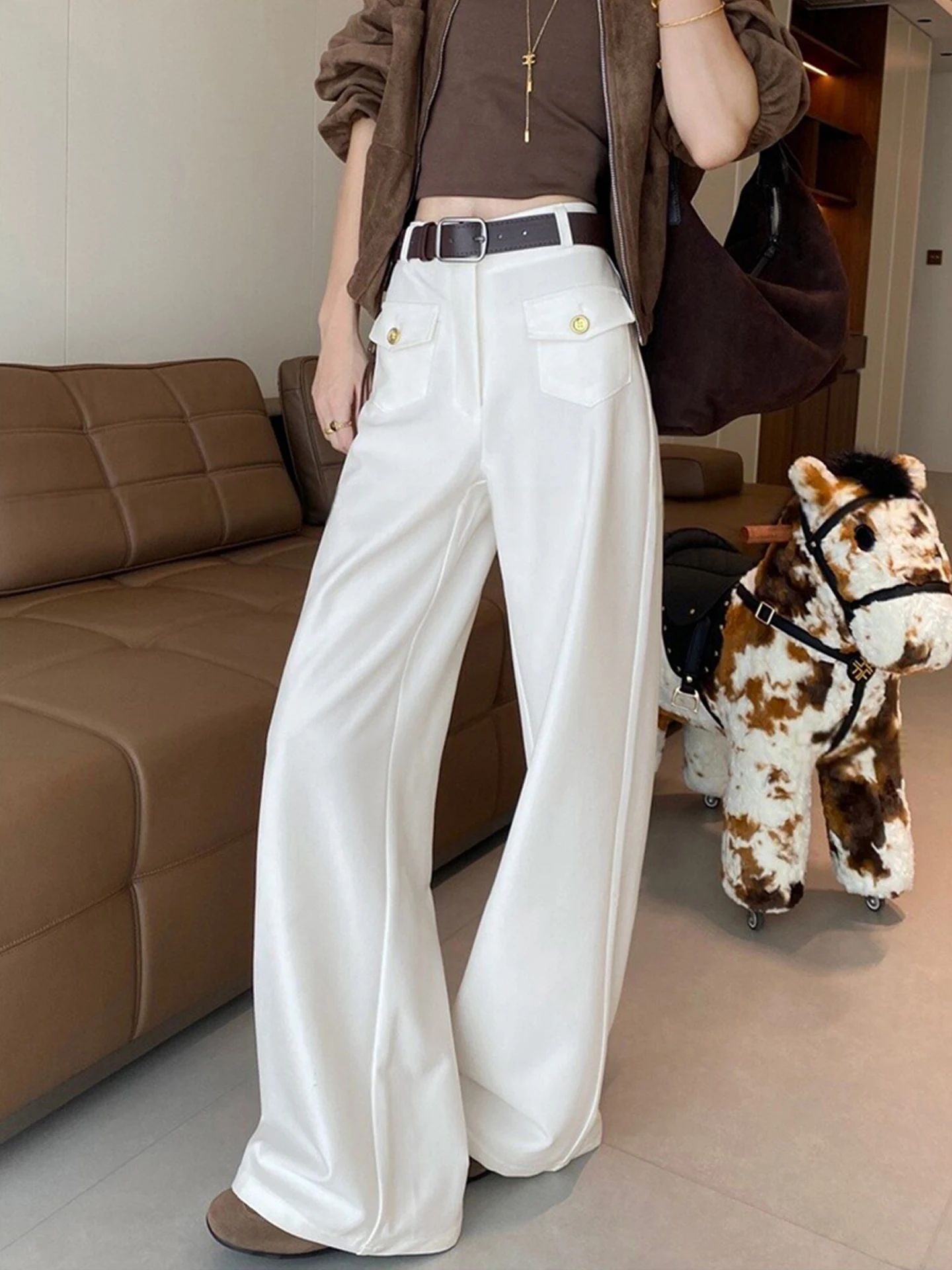 Elegant White Casual Pants Women's High Waist Gold Buckle Drapey Wide Leg Long Pants Spring Autumn Fashion Slimming Versatile