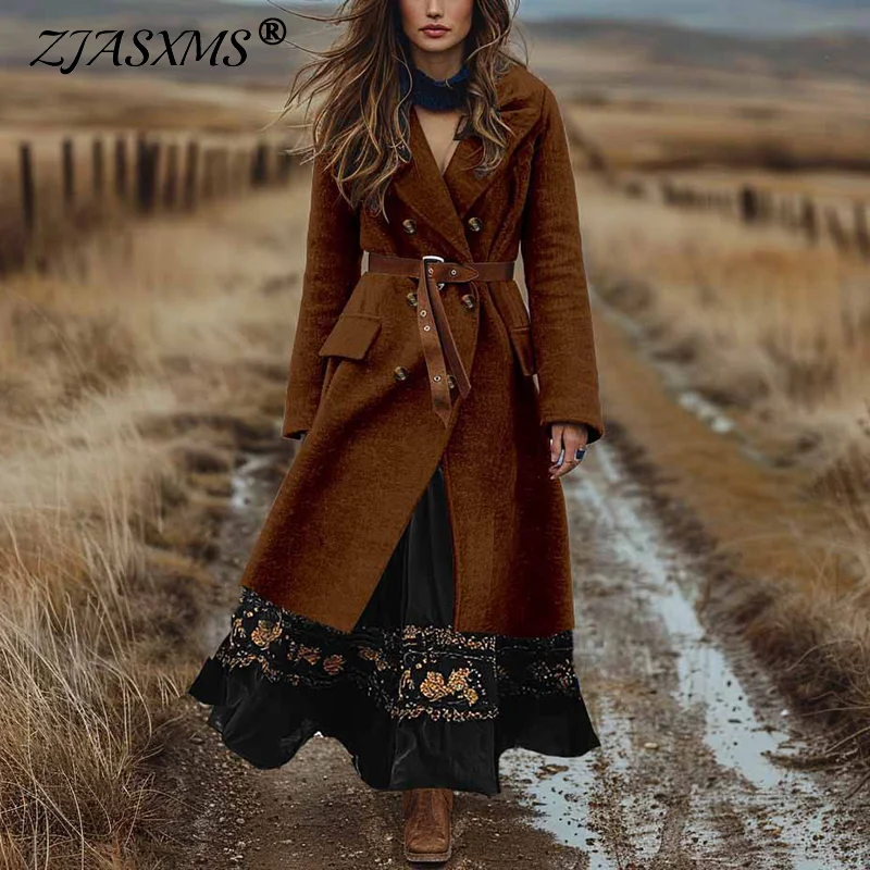 Boho Double Breasted Fall Winter Woolen Jacket Woman Sexy Turn-down Collar Solid Long Coat Cardigan Casual Long Sleeve Outerwear