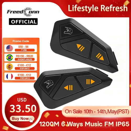 FreedConn Group-intercomunicador para motocicleta, auriculares Bluetooth, casco, música, Share, 6 vías, FM, 1200M, Intercomunicador para Moto
