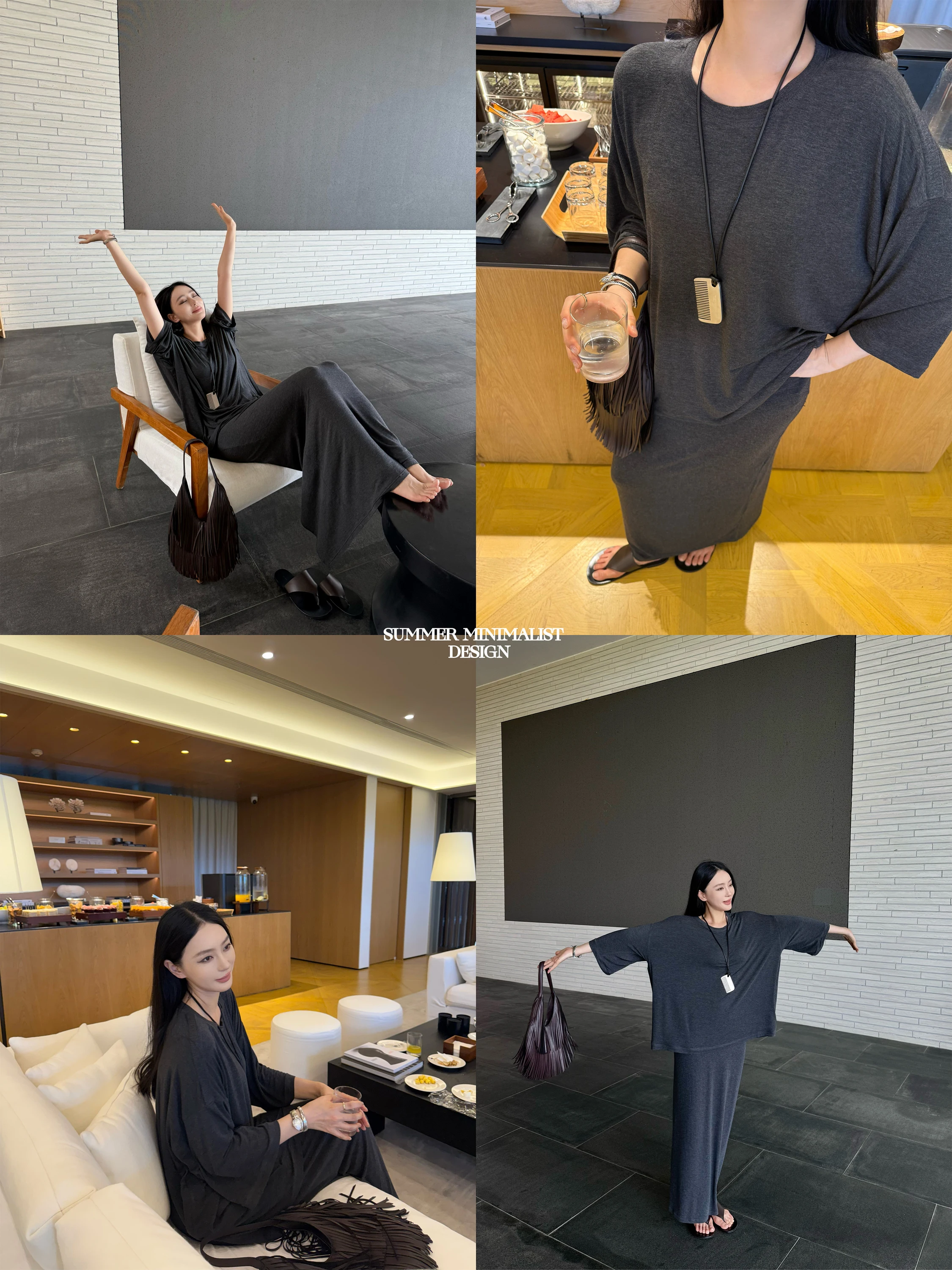 ZhouMiao Cashmere Blend Loose Comfortable T-Shirt Half Skirt Casual Lazy Women's Set Soft Breathable H-Shape Elastic Waist