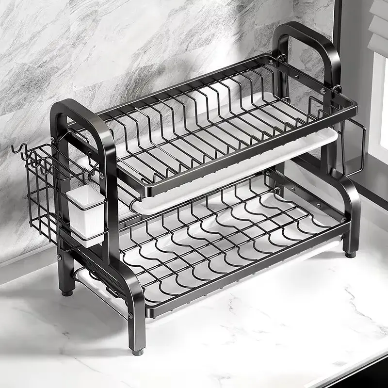 Dish Drying Rack 2-Tier Compact Kitchen Dish Rack Drainboard Set Large Rust-Proof Dish Drainer with Utensil Holder NEW