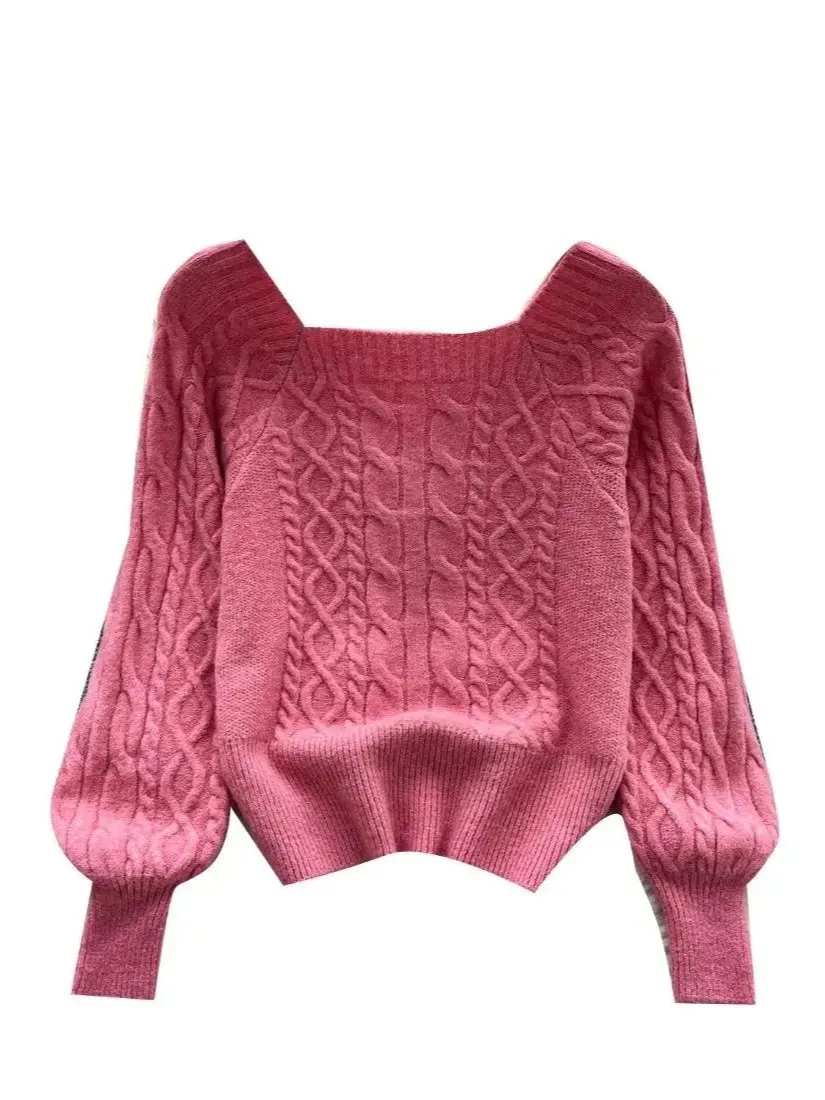 Foamlina Lazy Relaxed Style Knit Square Neck Sweater Women Winter Twist Loose Flattering Design Sense Elegant Casual Sweater Top