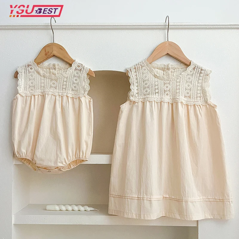 

Summer Sisters Clothes Toddler Baby Bodysuits Kids Party Dress Short Sleeved Cotton Mesh Splicing Sisters Girls Princess Dress