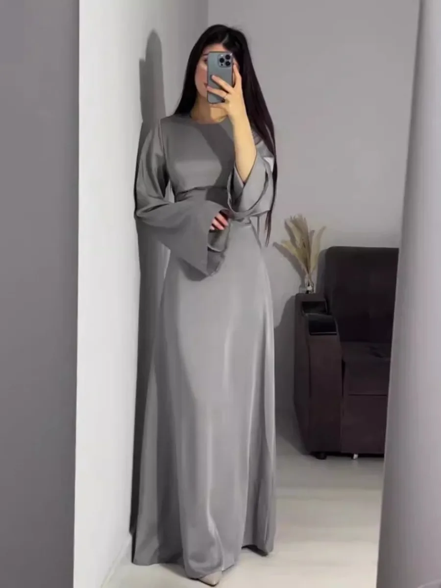 Spring Eid Muslim Dress Women Abaya Slim Fit Bandage Satin Solid Morocco Party Dresses Ramadan Islam Dubai Arab Long Robe 2024