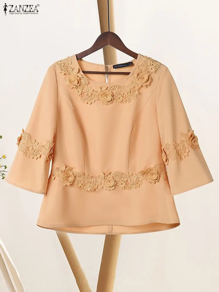 بلوزات نسائية أنيقة مرقعة من الدانتيل موضة الخريف من القماش برقبة مربعة 3/4 كم ملابس علوية بلون سادة ملابس نسائية من ZANZEA #1