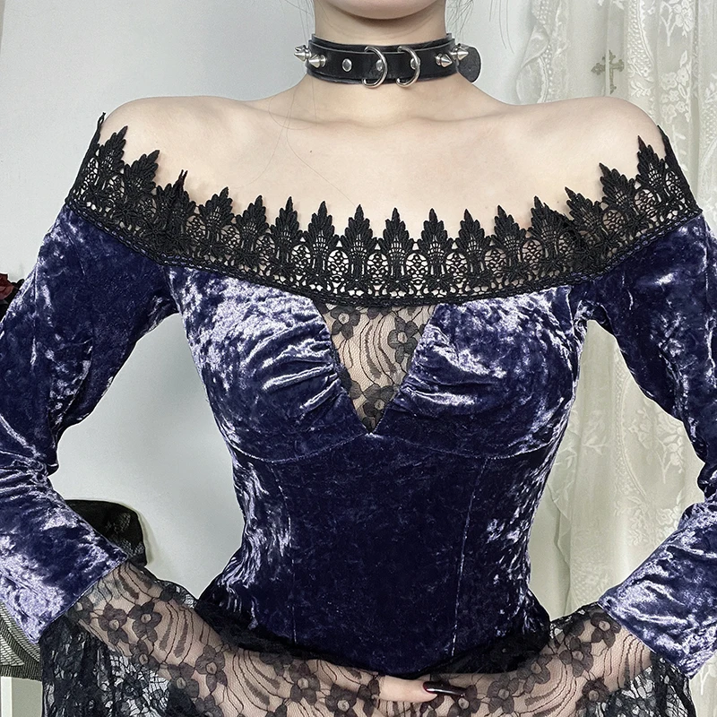 Y2K Goth Floral Lace Mesh Flared Sleeve T-Shirts Vintage Elegant Puple Velvet Off-Shoulder Lace Trim Tops Women Autumn Tees